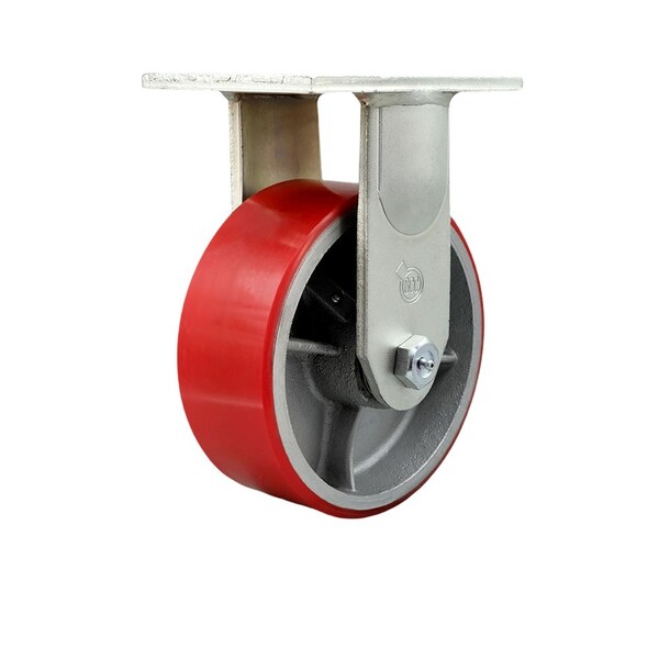 8'' Extra Heavy Duty Red Poly on Cast Iron Wheel Rigid Top Plate Caster
